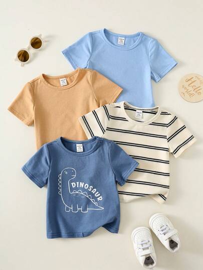 paquete de 4 tops de manga corta con estampado y rayas, básicos de verano, para bebés unisex