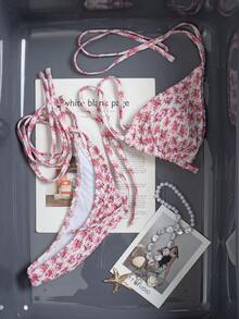 Swim Mod Set Bikini Motif Bunga Putih Musim Semi/Panas 2026, Bikini Segitiga Ikat Samping yang Lucu, Pakaian Renang Pantai Populer untuk Pesta Kolam Renang - Berwarna merah muda - View 8