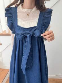 FRIFUL Women's Knotted Frill Trim Denim Dress - Blue - View 8