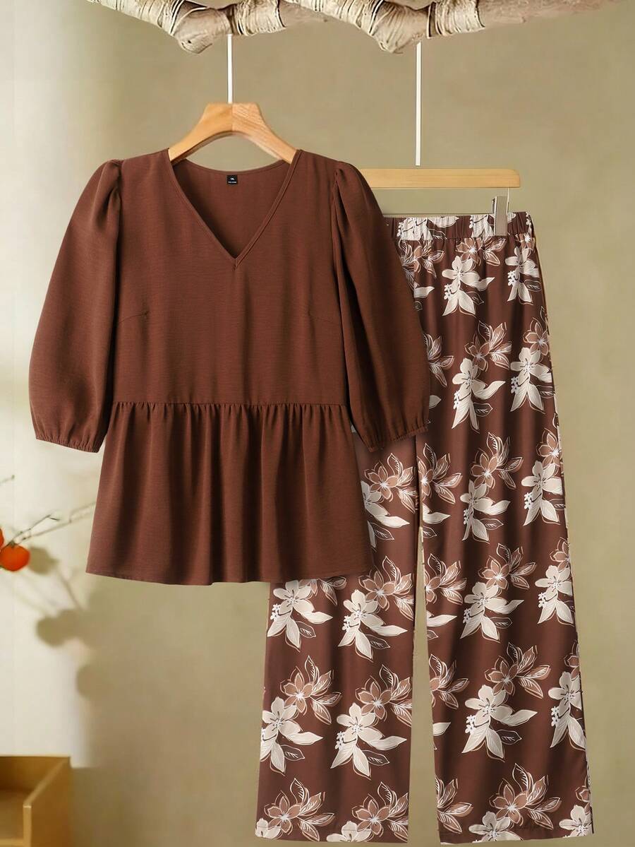 EMERY ROSE 女士休闲V领褶皱咖啡色衬衫和宽松印花直筒裤套装 - 咖啡棕 - 查看 1