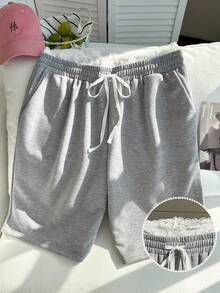 Comfortcana 大码女式撞色蕾丝休闲短裤，浅灰色，夏季 - 灰色 - 查看 4