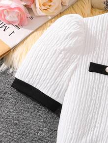 SHEIN 2pcs/Set Tween Girls Knitted Pearl Button Black And White Contrast Color Set,Elegant Summer Tea Party Outfit For Birthday,Dining,Holiday,Leisure - White - View 5