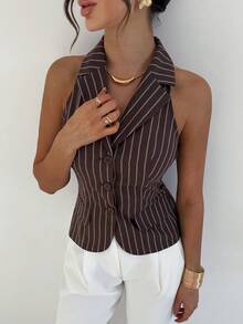 Firerie Women's Elegant Minimalist Commuter Urban Chic Casual Daily Fashion New Retro Lapel Brown Striped Waist Sleeveless Blazer Vest - Brown - View 5