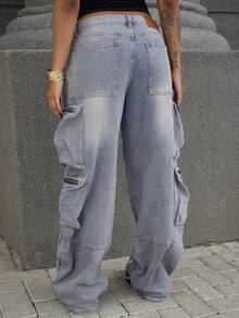 破洞工装牛仔裤，带多个拉链口袋，Y2K 风格阔腿抽绳细节，街头时尚秋冬 - 卡其色 - 查看 2