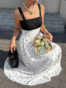 SuriyaCove Women's Summer New French Retro Polka Dot A-Line Waist Flare Dress - Black and White - View 5