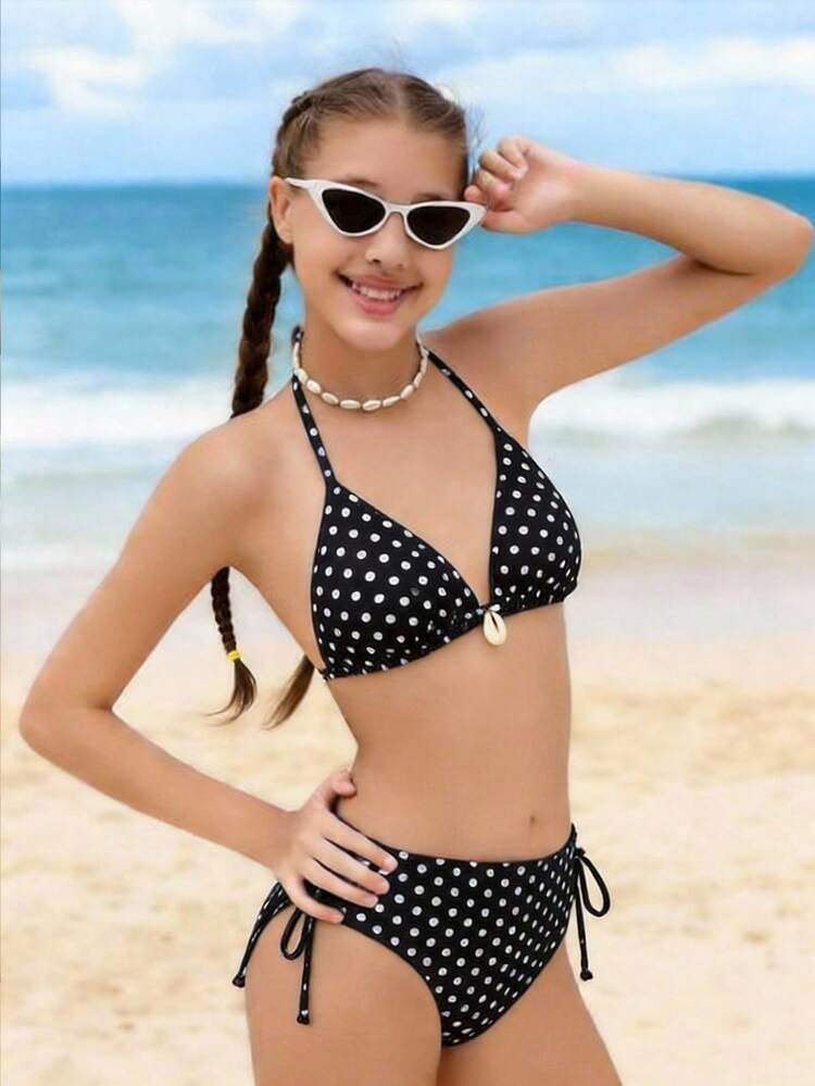 SHEIN 2026春夏少女度假黑白波点泳衣套装 - 黑與白 - 查看 7