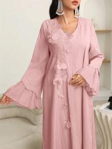 SHEIN Najma Đầm xòe dài tay dáng rộng, cổ chữ V, họa tiết hoa 3D, thanh lịch dành cho nữ. - Hồng - Xem 3