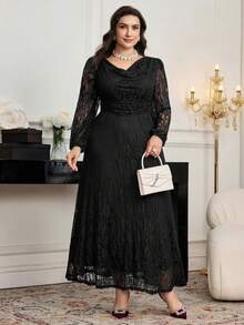 Modelyn Đầm ren thanh lịch cổ khoét sâu tay phồng dành cho phụ nữ cỡ lớn - màu đen - Xem 4
