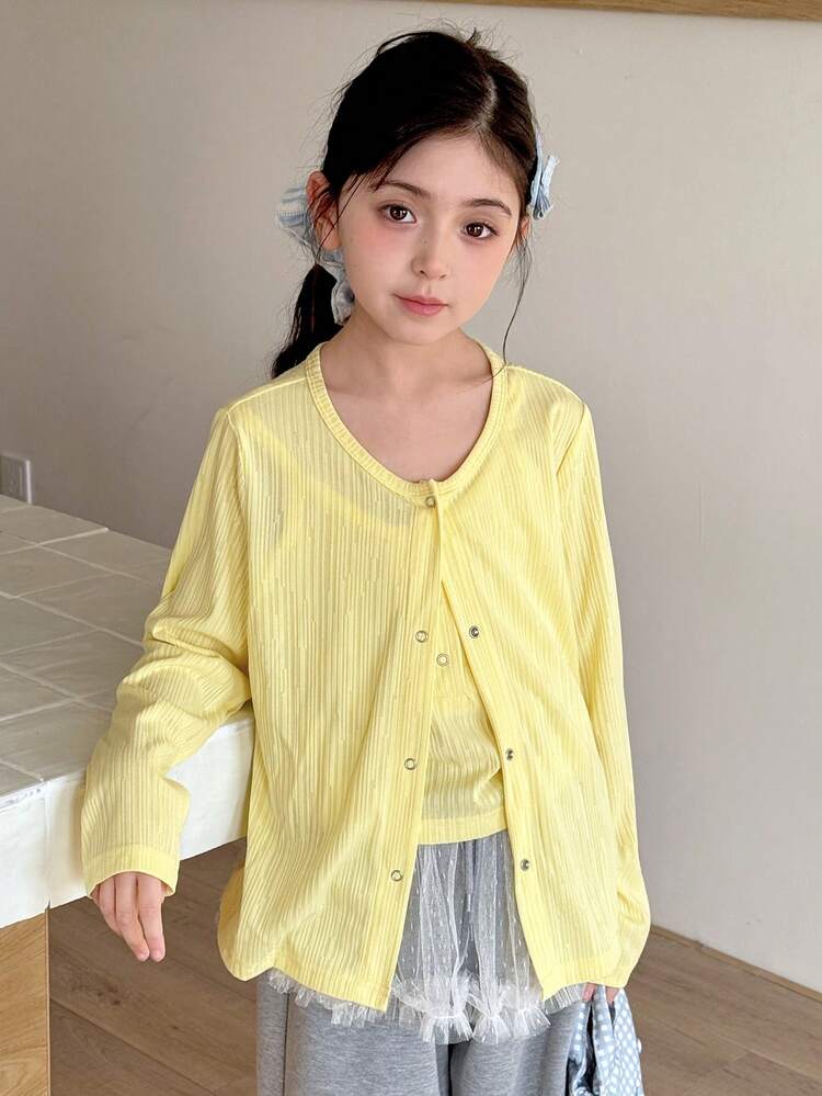 Tween Girl Solid Color Button-Front Long Sleeve Jacket And Camisole Set