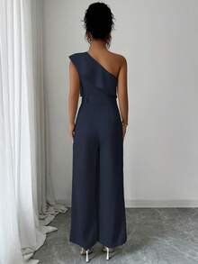 Elenzga Women's Vacation Style Office Commute Beach Party Oblique Shoulder Double Ruffle Waist Straight Leg Loose Jumpsuit, Spring/Summer - Navy Blue - View 2