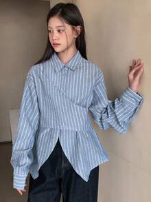 DAZY Teen Girl Striped Lapel Asymmetrical Hem Casual Versatile Daily Wear Long Sleeve Shirt - Blue - View 2