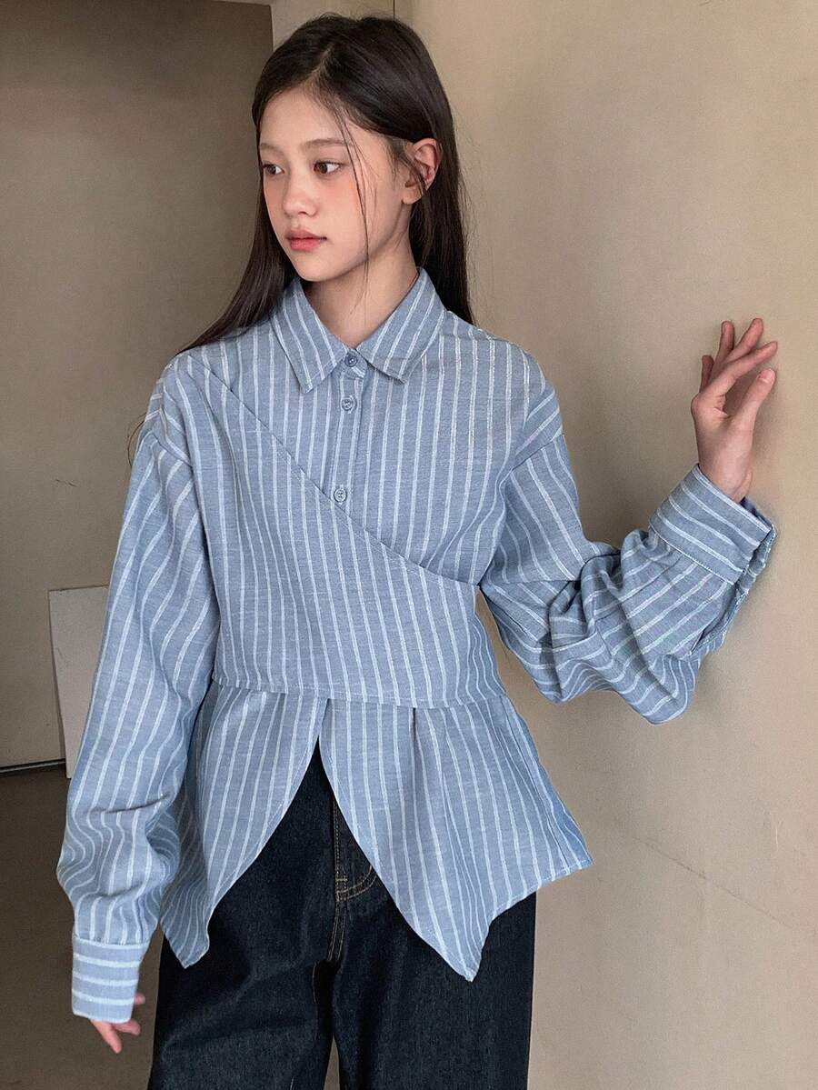 DAZY Teen Girl Striped Lapel Asymmetrical Hem Casual Versatile Daily Wear Long Sleeve Shirt - Blue - View 1