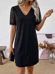 EMERY ROSE 女士V领蕾丝袖休闲百搭连衣裙，春夏款 - 黑色 - 查看 3