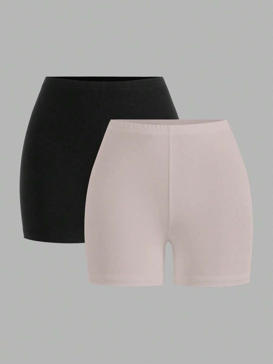 SHEIN EZwear 2件套 女士休闲针织紧身短裤，夏季弹力短裤，女士弹力短裤 - 彩色 - 查看 1