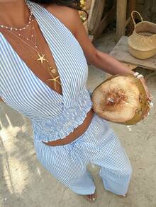 Sunnyshic 女士夏季露背吊带褶皱上衣搭配宽松抽绳阔腿裤两件套，性感浪漫，适合约会和度假 - 藍色 - 查看 1