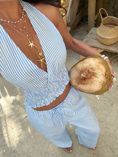 Sunnyshic Ensemble deux pièces pour femmes, top dos nu froncé style licou d'été et pantalon large à taille élastique. Sexy et romantique pour les sorties et les vacances