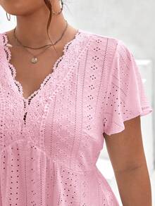 SHEIN Frenchy Plus Ruffle Trim Contrast Lace Butterfly Sleeve Doll Tee - Dusty Pink - View 6