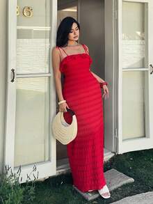 Sunnyshic 这款大码女式红色复古浪漫法式甜美多层荷叶边吊带连衣裙，风格独特，充满复古浪漫学院风，适合办公室、日常穿着、派对、舞会、音乐节、返校季、热带风情、优雅度假、俏皮活泼、飘逸飘逸、下午茶、早午餐等各种场合，散发着仙气魅力，尽显女性优雅气质，尤其适合春夏穿着。 - 紅色 - 查看 6