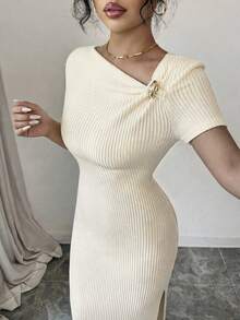 Rafferiza Women's Elegant Sexy Solid Color Gold Decor Button Asymmetric Collar Short Sleeve Fitted Split Hem Midi Knit Dress - Beige - View 4