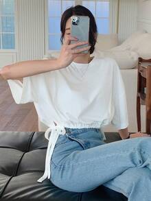 DAZY Camiseta de hombros caídos con cordón en el bajo, estilo preppy - Blanco - Ver 3