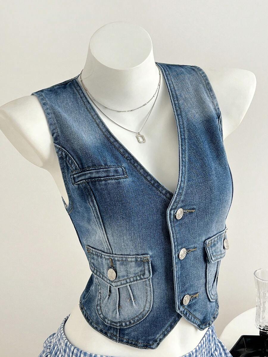 Elamini Women's Casual Sleeveless Front Button Denim Blouse, Summer - Medium Wash - View 1