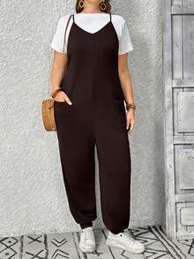 SHEIN Tall CURVE Plus Size Women Casual Jumpsuit With Suspenders, Spring/Summer - Brown - View 5