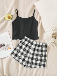 SHEIN 少女标语印花吊带背心和格子短裤睡衣套装 - 黑與白 - 查看 2