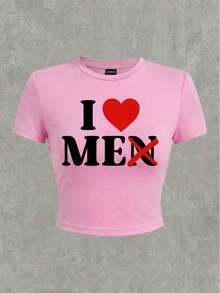 Slaydiva 2026 街头 Y2K 趣味“我爱我自己（男人）”文字印花圆领短袖修身短款女式T恤 - 淺粉色 - 查看 4