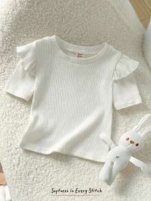 Cozy Pixies Baby Girl Solid Color Knit Soft Round Neck Ruffle Trim Short Sleeve Pullover Top Baby Girl White Tops Puffed Sleeve Baby Outfit Toddler Ruffle Sleeved Tops Baby Clothes Girl Flounce Sleeve Toddler White Top Baby Tops Girl Elegant Tops For Toddler Girls Baby T Shirts Girls Cotton - White - View 5