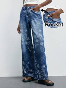 Maija 女士高腰印花口袋阔腿宽松休闲牛仔裤 - 中等水洗藍 - 查看 3