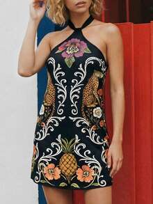 CAJUNI Tropical Vacation Rainbow Flowers Short Dress - Black - View 1