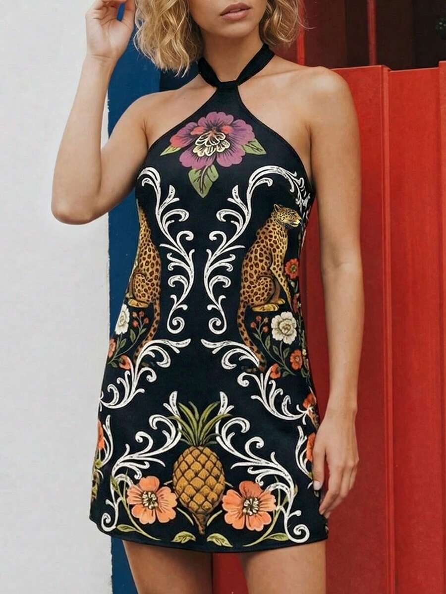 CAJUNI Tropical Vacation Rainbow Flowers Short Dress - Black - View 1