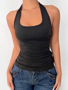 Airlisse 亲肤U领吊带露脐上衣，复古性感修身露背瑜伽背心，新款春夏女士无袖弹力紧身吊带上衣，美式性感吊带大水滴领背心，可叠穿或外穿，黑色 - 黑色 - 查看 4
