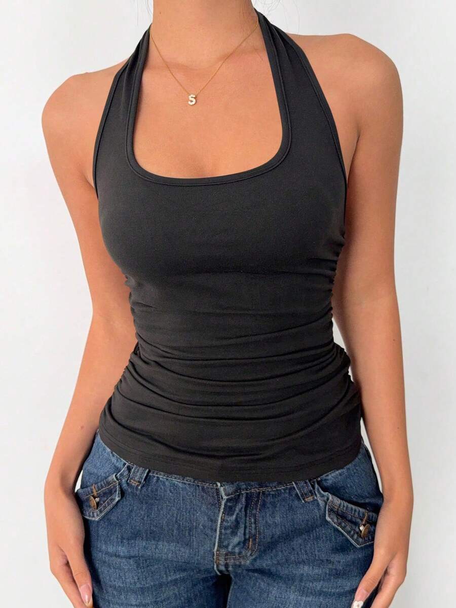 Airlisse Áo croptop hai dây cổ chữ U thân thiện với da, áo tank top yoga dáng suông hở lưng gợi cảm kiểu vintage, áo không tay không dây thun ôm sát hai dây dành cho nữ mùa xuân/hè, áo tank top hai dây cổ giọt nước lớn gợi cảm kiểu Mỹ dành cho nữ, có thể mặc lót hoặc mặc ngoài, màu đen. - màu đen - Xem 1