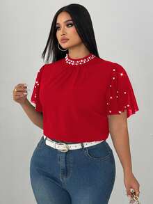 Elenzga Áo sơ mi nữ cỡ lớn mùa xuân/hè mới, cổ tàu, chất liệu chiffon đính ngọc trai, tay ngắn bồng bềnh, thích hợp cho các buổi gặp gỡ trang trọng, hẹn hò lãng mạn, ngày Valentine, đi làm, lễ hội âm nhạc, đám cưới lãng mạn: Trang phục công sở thanh lịch sang trọng, thời trang tối giản cỡ lớn. - Đỏ - Xem 3