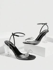 CUCCOO SZL Women's Fashionable & Elegant Commuter Rhinestone Bow Decor Heeled Sandals Valentine's Day - Black - View 2