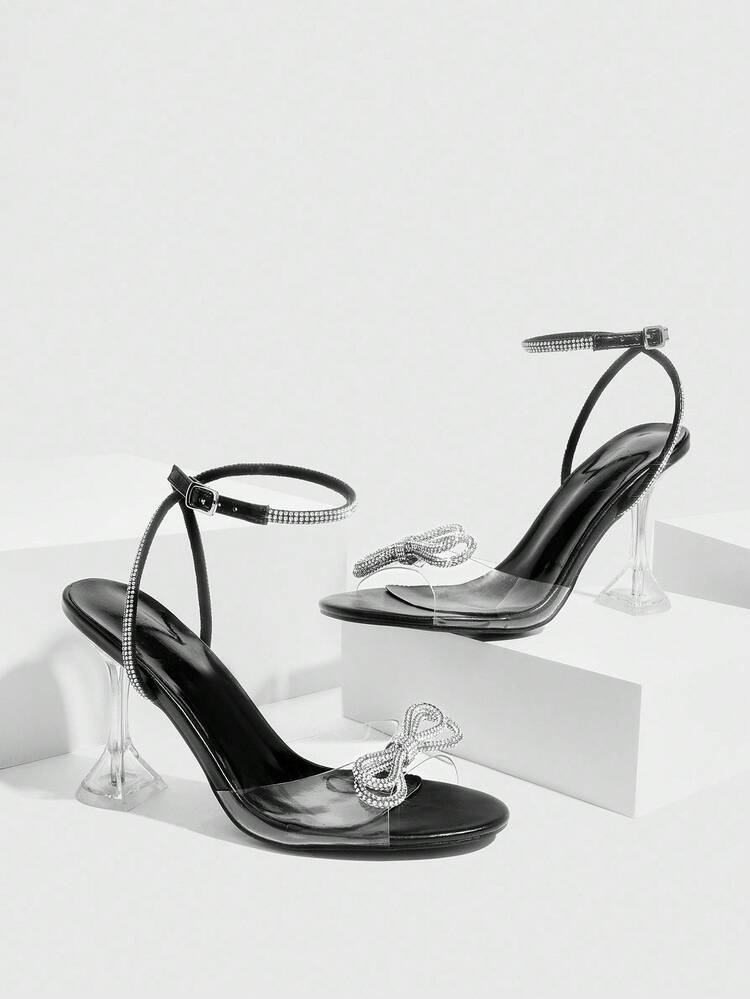 CUCCOO SZL Women's Fashionable & Elegant Commuter Rhinestone Bow Decor Heeled Sandals Valentine's Day