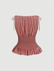 Sweetra New Elegant Fashionable Red Plaid Shoulder Tie Bow Waist Drawstring Sleeveless Top, Slimming Casual Versatile For Daily Wear And Commute, Spring/Summer - Red - View 2