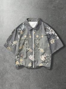 ROMWE MEN Street Life Áo khoác denim nam tay ngắn in hoa, khóa kéo phía trước, kiểu dáng thường ngày. - Màu xanh lam - Xem 1