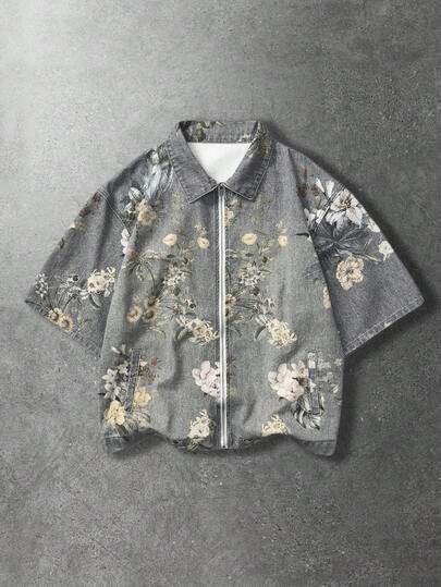 ROMWE MEN Street Life Men's Floral Print Short Sleeve Zip Front Casual Denim Jacket
