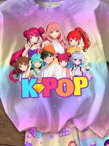SHEIN 2件套少女K-Pop女团字母星星印花休闲圆领T恤和短裤，适合节日、派对、日常穿着、演唱会等场合。 - 彩色 - 查看 5