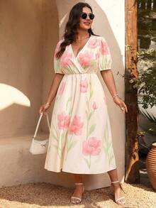 Breezaya 大码女式夏季优雅度假风交叉领深V领泡泡袖收腰连衣裙，适合下午茶和约会 - 彩色 - 查看 3