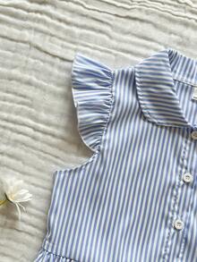 Vintaside Kids Đầm ngắn tay lửng cổ bẻ kẻ sọc dọc đơn giản, thời trang cho bé gái mùa hè, thích hợp cho kỳ nghỉ ngoài trời, cắm trại và mặc thường ngày. - Màu xanh lam - Xem 6