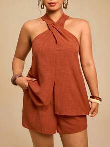 Travachic 大码女士度假两件套，度假梭织印花吊带上衣和高腰宽松短裤，春季夏季度假装，沙滩装，外出装，休闲装，大码短裤套装，焦橙色上衣，锈棕色上衣，赤陶色上衣，两件套亚麻套装，棕色 - 紅木色 - 查看 4