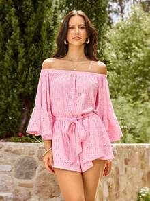 KARISMINA Women's Solid Color Knit Lantern Sleeve Off-Shoulder Jumpsuit, Suitable For Spring/Summer Vacation - Pink - View 6
