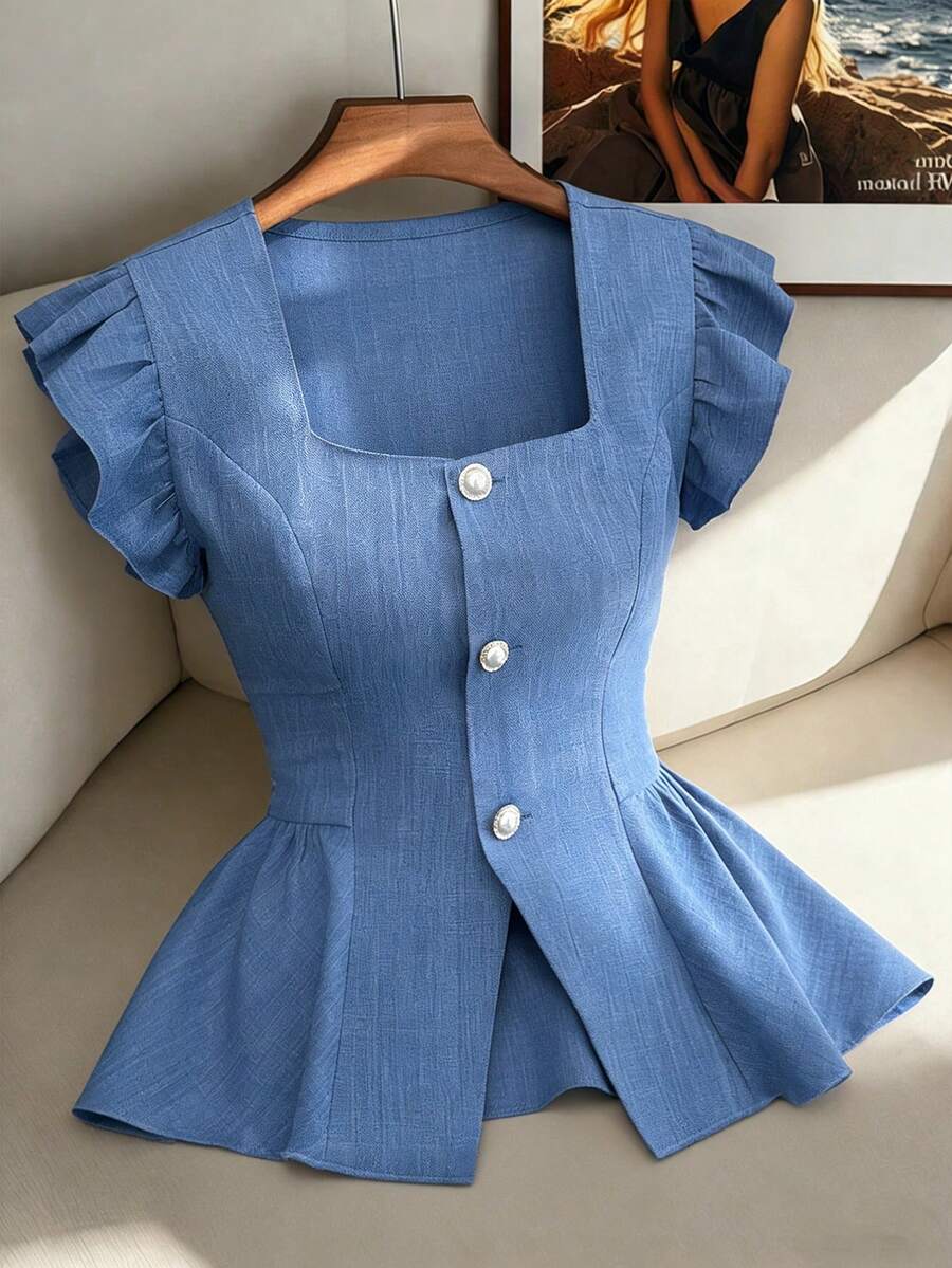 Elenzga New Stylish Linen French Casual Elegant Design Square Collar Waist Cinched Ruffle Hem Blouse, Versatile For Women In Summer - Dusty Blue - View 1