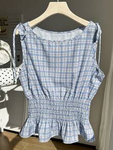 Comfortcana Camiseta sin mangas casual a cuadros para mujer de talla grande - Celeste - Ver 6