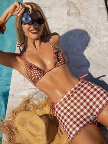 Swim Mod 3pcs Women's Beach Swimsuit Set, Polka Dot Print Triangle Ruffle Bikini Top With Spaghetti Straps, Paired With Plaid Print Swim Shorts - Multicolor - View 8