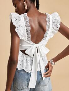 Travachic 2026 New Spring To Summer Vacation Embroidered Ruffle Trim Square Neck Tie Front Backless Sleeveless Crop Top Boho Floral Striped Square  Lace Eyelet - White - View 1