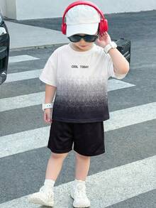 SHEIN 2pcs/Set Boys' Letter Print Ombre Short Sleeve T-Shirt And Shorts Casual Outfit,Kids - Multicolor - View 7